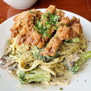 Fettuccine Alfredo with Chick’n  at Manna Kitchen in Lisle