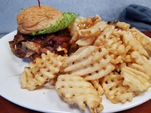 Tower Burger and fries at Manna Kitchen in Lisle