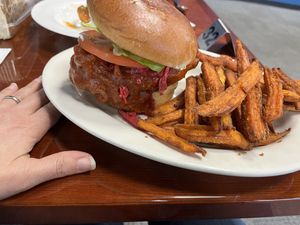 Crispy BBQ chickn seitan with sweet potato friess  at Manna Kitchen in Lisle