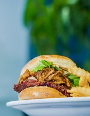 Vegan chicken burger with barbecue sauce   at Manna Kitchen in Lisle