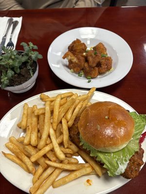 Spicy buffalo chicken sandwich & sweet chili cauliflower!   at Manna Kitchen in Lisle