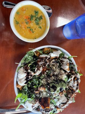 Arugula salad with red lentil soupp  at Manna Kitchen in Lisle