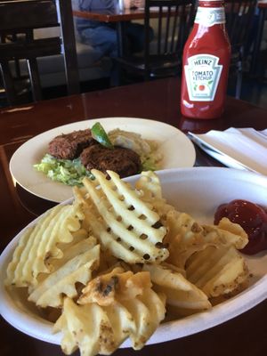 Waffle fries and crab cakes  at Manna Kitchen in Lisle