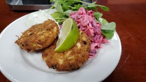 Vegan crab cakes! at Manna Kitchen in Lisle