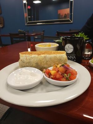 Chorizo burrito and really good sour "cream" at Manna Kitchen in Lisle