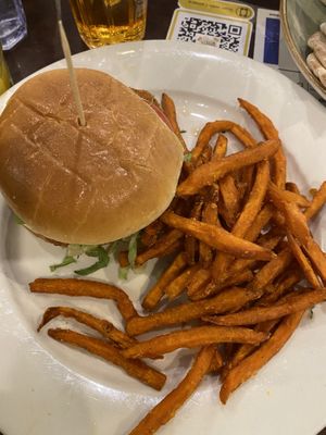 Chickn burger and sweet potato fries (vegan) at Busboys and Poets - Mount Vernon Triangle in Washington