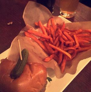 vegan burger and sweet potato fries  at Busboys and Poets - Mount Vernon Triangle in Washington