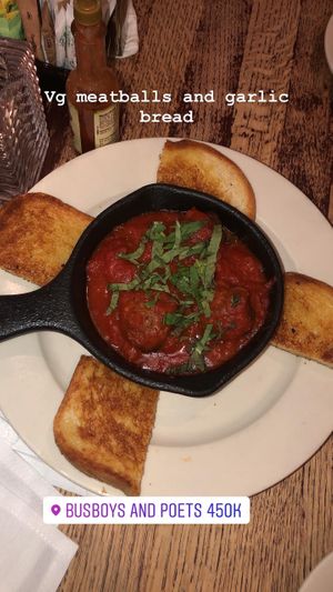 Vegan meatballs and garlic bread  at Busboys and Poets - Mount Vernon Triangle in Washington