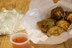 "fish" cakes at Plant Lyfe in Saint Peter