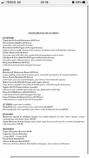 Current veggie menu at The Tavern on the Bay in Red Wharf Bay