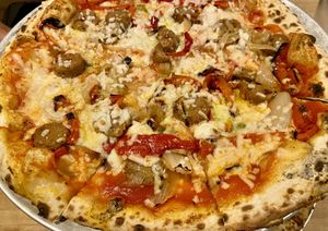 vegan pizza with tofurky sausage  at Pizzeria DeVille in Libertyville