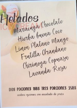 icecream menu at Villa Bonita in Coroico