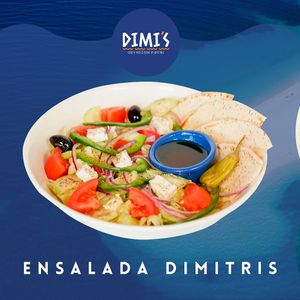 Ensalada Dimitris Original:
Lechuga, pepino, tomate, cebolla morada, morron verde, aceituna kalamata, peperonccini, aderezo Dimitris y queso feta* es opcional. at Dimi's in Tijuana
