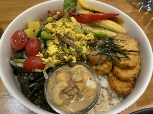 Buddha bowl with tempeh and vegan eggs   at Uncle Q in Taipei