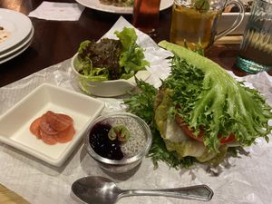 Black-beans patty burger with lettuce instead of buns, and salad on the side instead of fries! I love how accommodating they are and flexible to change upon your request! 🥰  at Uncle Q in Taipei