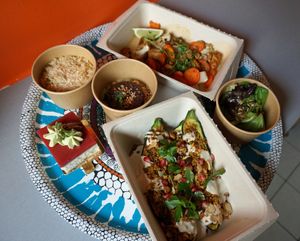 Take-out menu (April 2021): Stuffed zucchinis + curry w/rice + cheesecake + mi-cuit chocolat at the friendly kitchen in Paris