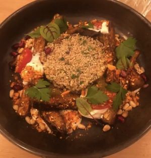 Aubergine confite à la chermoula at the friendly kitchen in Paris