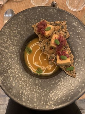 Velouté de patates douces et toast de faux gras   at the friendly kitchen in Paris