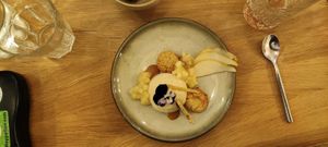 Special dinner : Creme diplomate aux épices chai, sablés breton, caramel "beurre" salé, brunoise de poire au gingembre, gingembre confit at the friendly kitchen in Paris