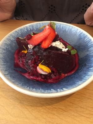 A starter with beetroot, strawberries and vegan ricotta  at the friendly kitchen in Paris