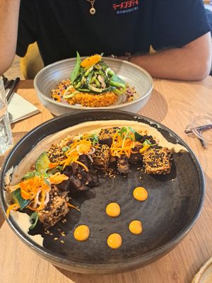 Mains: miso aubergine tofu on a bed of peanut hummus + risotto at the friendly kitchen in Paris