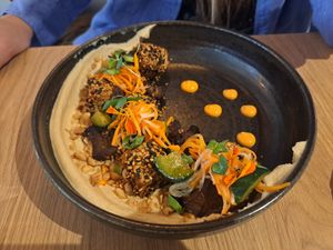 Miso aubergine tofu with peanut hummus at the friendly kitchen in Paris