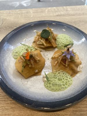 Kohlrabi “raviole” with ponzu sauc  at the friendly kitchen in Paris