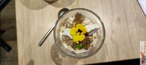 "Mont Blanc verrine with bergamot
Chestnut flour crumble, chestnut cream chantilly, bergamot curd, mandarin and Timut pepper gel, meringue slivers". at the friendly kitchen in Paris