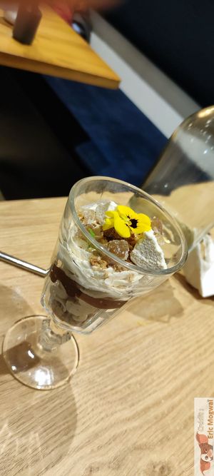 "Mont Blanc verrine with bergamot
Chestnut flour crumble, chestnut cream chantilly, bergamot curd, mandarin and Timut pepper gel, meringue slivers". at the friendly kitchen in Paris