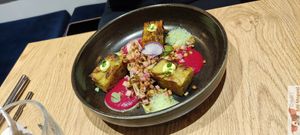 Potato millefeuille & beet cream with horseradish

Walnut-crusted endive, granny apple brunoise and red meat radish with white balsamic, parsley emulsion, mayonnaise, wasabi shoo at the friendly kitchen in Paris