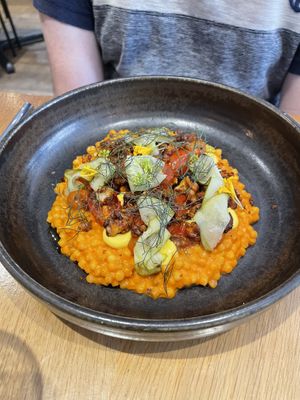 Bell pepper risotto with chipotle walnut crumble  at the friendly kitchen in Paris