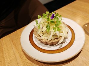  Sesame & fennel tartlet

Burnt white miso cream, shaved fennel salad, shallots and balsamic chutney, fresh herbs salad, marigold petals at the friendly kitchen in Paris