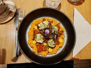  Red bell pepper & fregola sarda risotto

Sun dried tomatoes tapenade, saffron mayonnaise, smoked chipotle walnut crumble, fennel and parsley oil, zucchinis and mustard seeds pic at the friendly kitchen in Paris