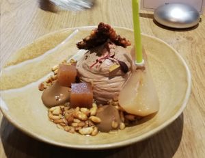 Chocolate ganache with pear (and a candle!) at the friendly kitchen in Paris