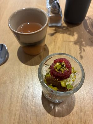 Sub for cashew cheese plate: tart with pistachio and raspberry; sobacha with rose and sakura at the friendly kitchen in Paris