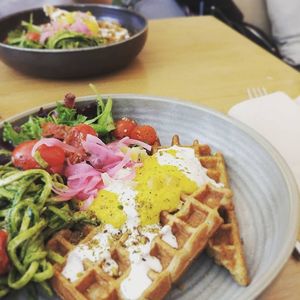 Brunch menu - houmous waffle at the friendly kitchen in Paris