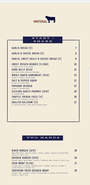 Menu at The White Bull  in Armidale