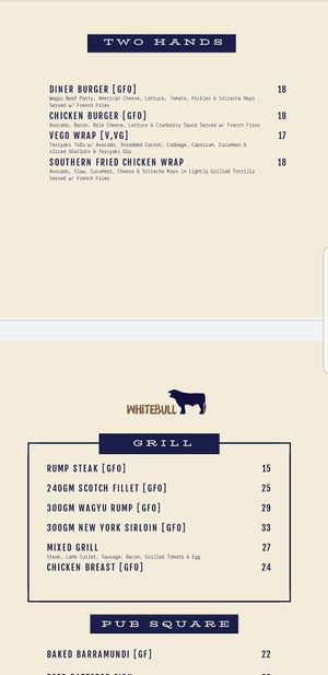 Menu at The White Bull  in Armidale