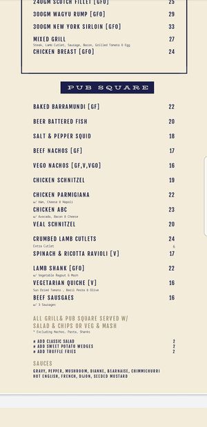 Menu at The White Bull  in Armidale