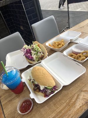 Vegan ‘chicken’ shish kebab, vegan ‘lamb’ shish kebab, vegan squid rings, vegan prawn tempura 🙌👌 at TastyMK in Broughton