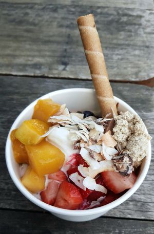 vegan frozen yogurt (coconut and chocolate) with toppings at Yo-Chi in Melbourne