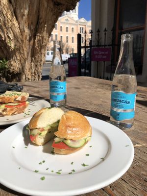 Bagel with avocado, cucumber and tomato   at Asters Cafe and Bakery in Marfa