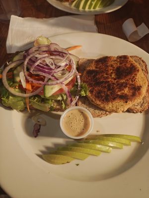 Vegan veggie burger at Waterwheel Cafe in Milford