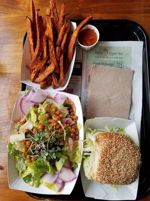 Sweet potato fries, ranch salad and vegan burger at Pretty Good Advice - Soquel in Soquel