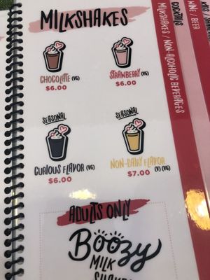 Milkshake menu at Baby's in Indianapolis
