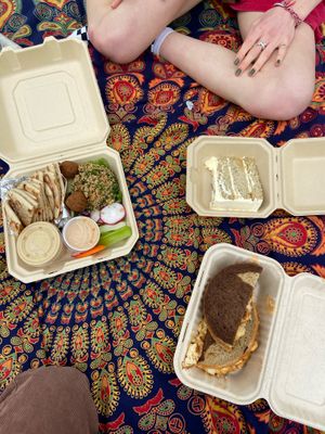 mid-e platter, tofu reuben sandwich made vegan, lavender lemon poppyseed cake at The Grit in Athens