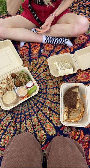 rueben, lavender cake, and med bowl at The Grit in Athens