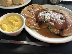 Vegan Blueberry Pancakes with Grits at The Grit in Athens