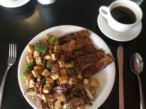 Tofu and veggies with tempeh at The Grit in Athens