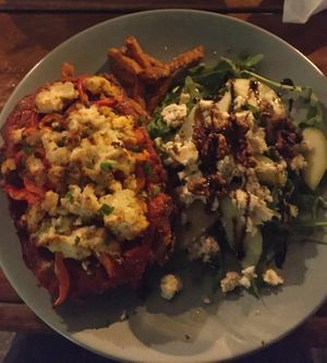 Vegan option Aubergine parmigiana with pear and walnut salad. Excellent and good size portion  at Peregian Beach Hotel in Peregian Beach